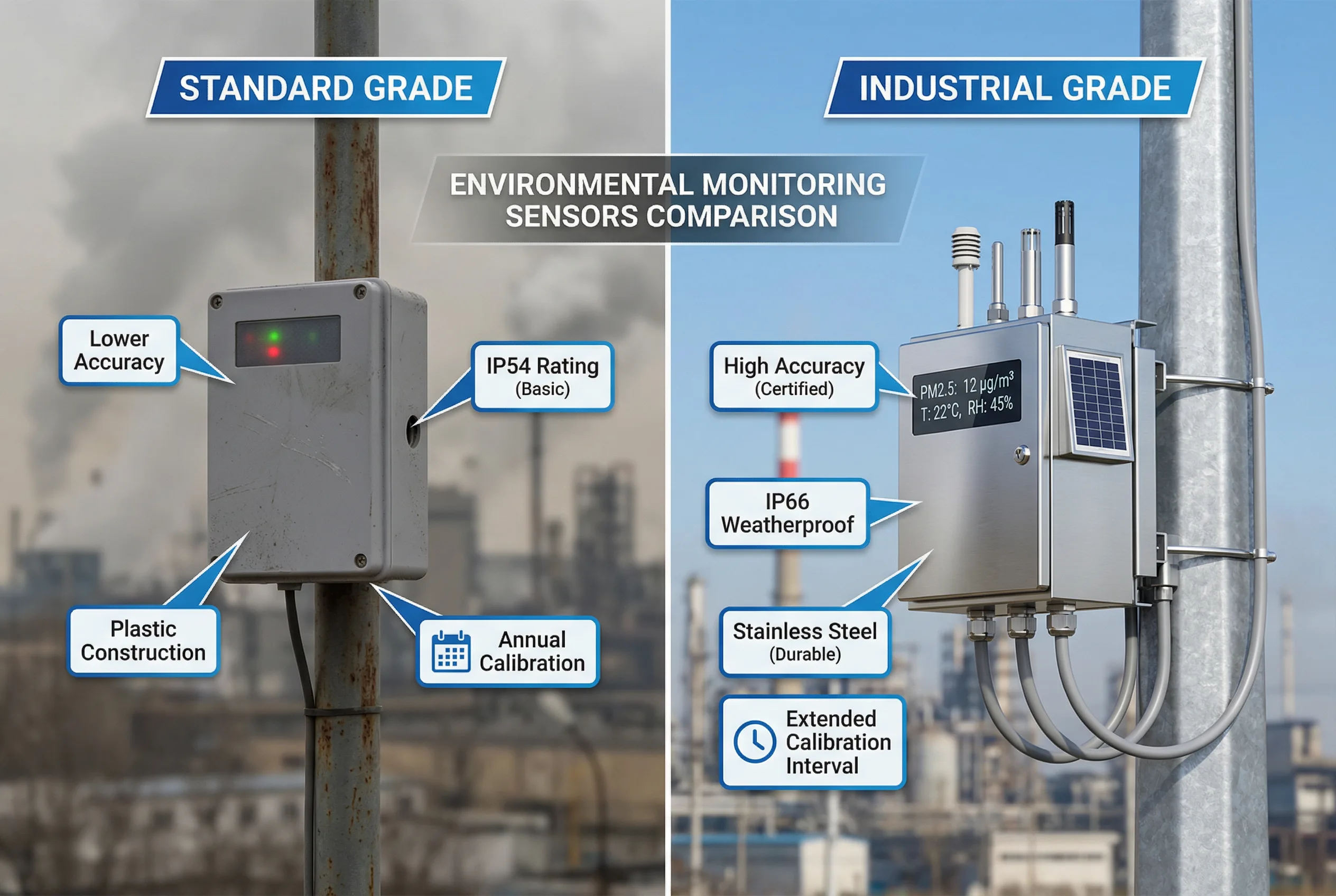 Quality comparison between standard grade and industrial grade environmental monitoring sensors
