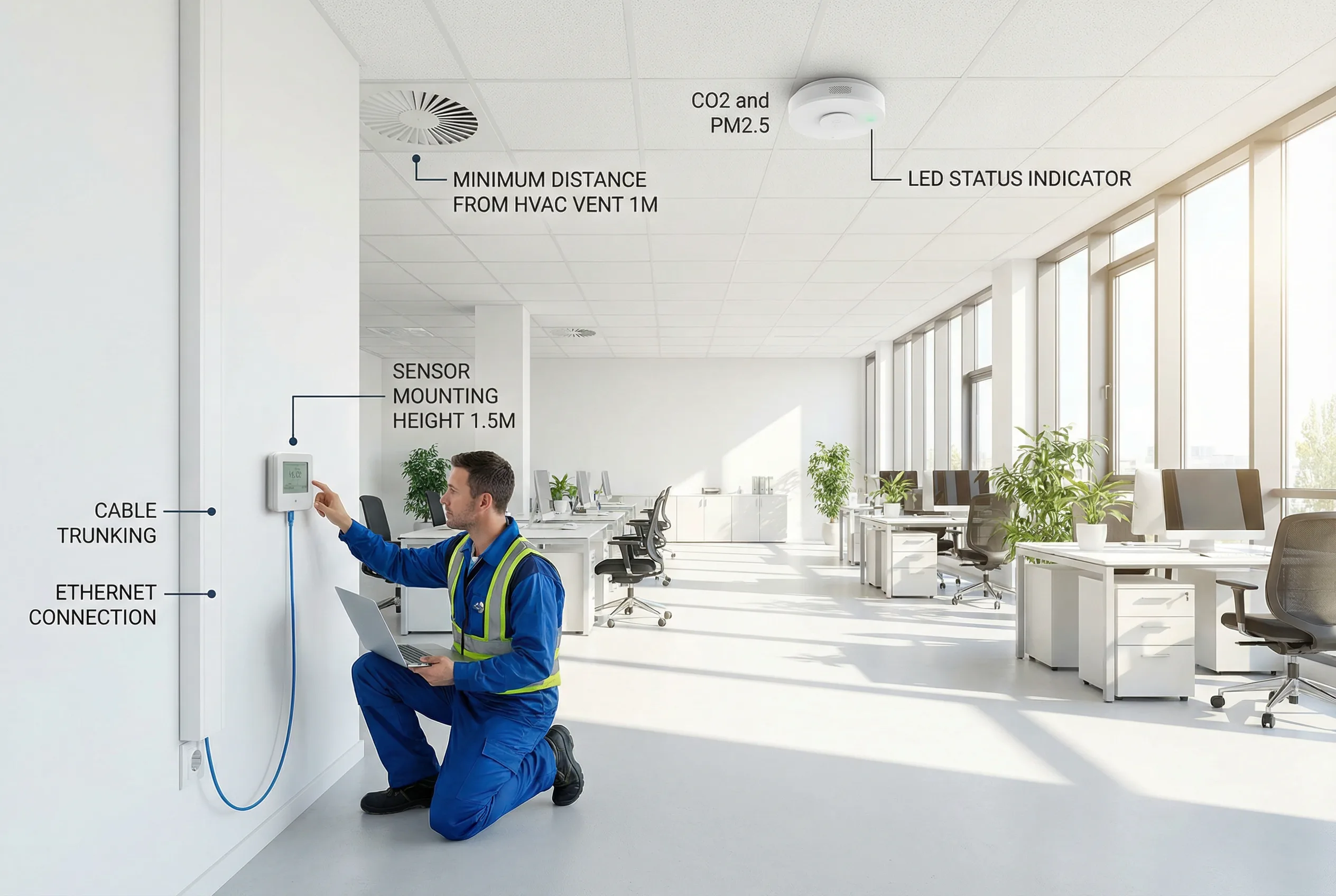 Indoor installation of environmental monitoring sensors in office building showing mounting height and cable management