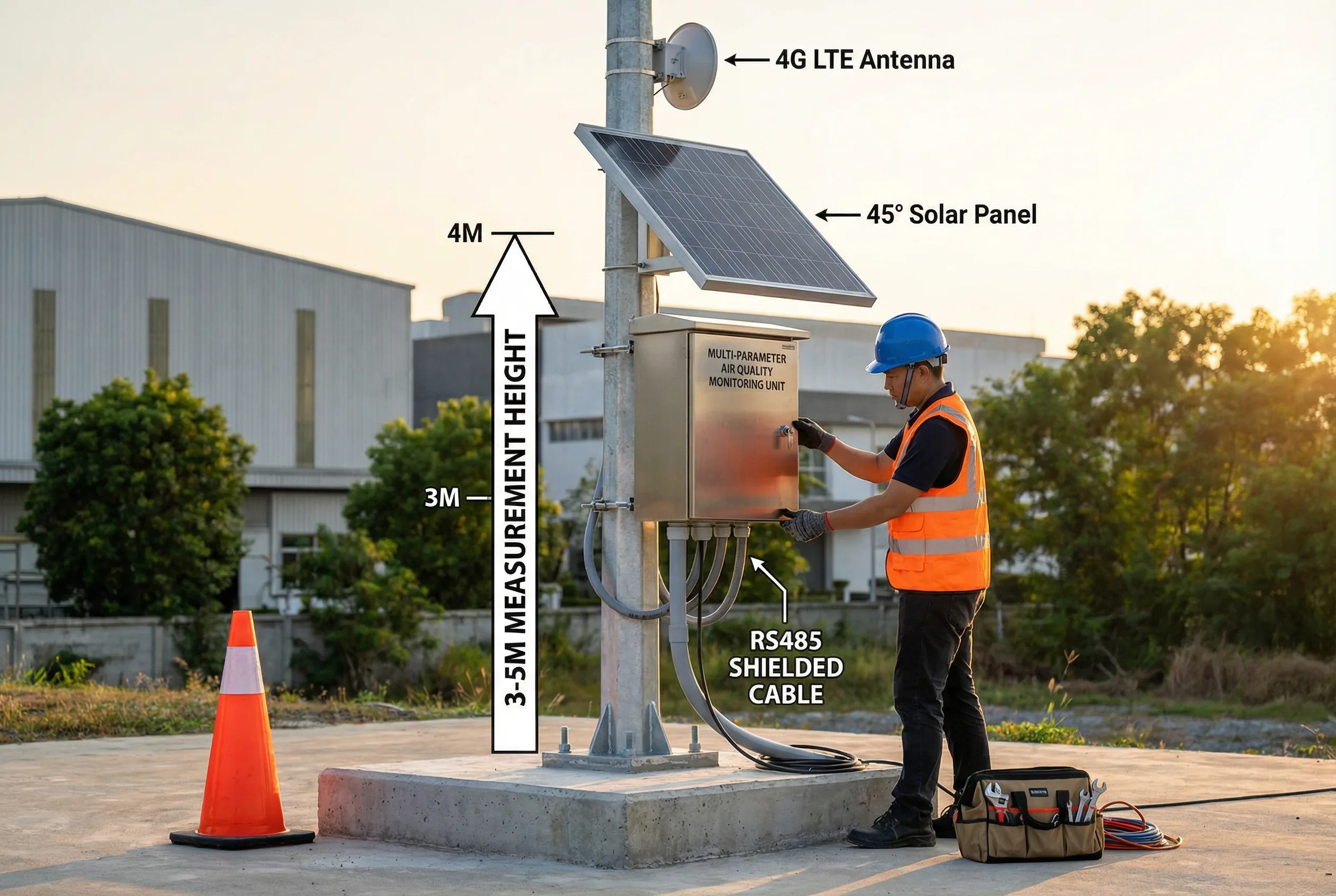 Outdoor installation of environmental monitoring station showing mounting height, cable routing, solar panel and antenna