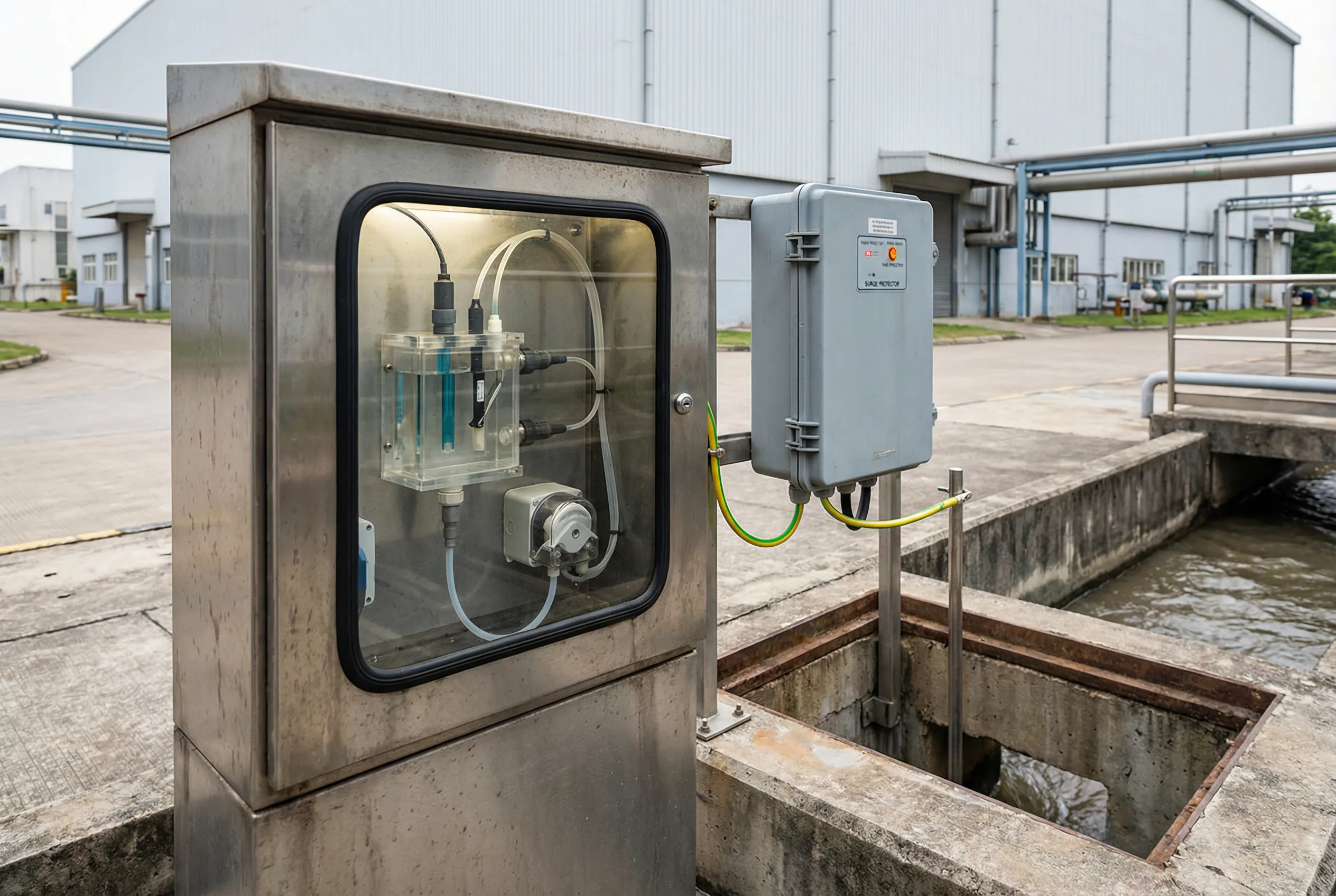 Wastewater discharge monitoring cabinet with flow cell and probes