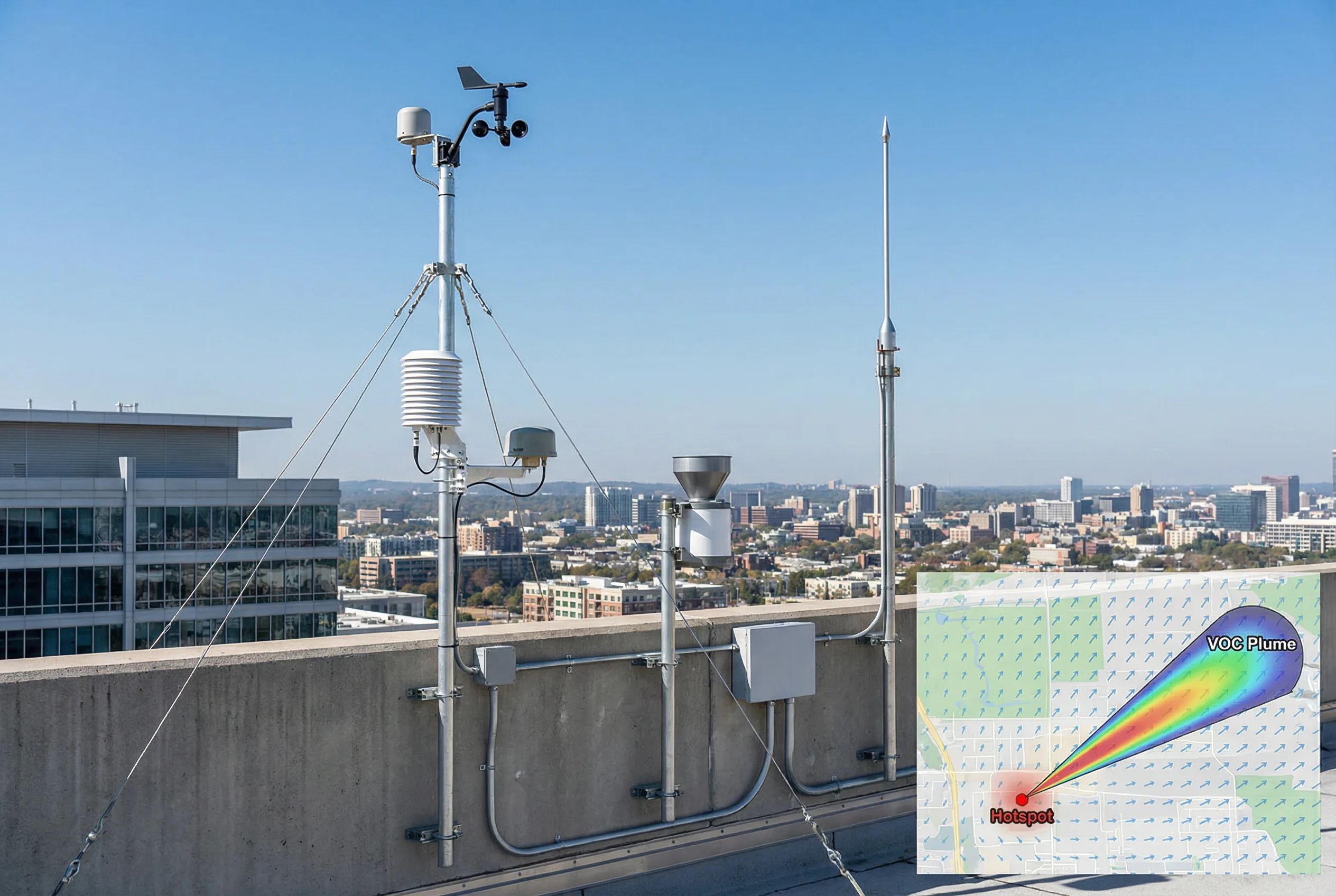 Rooftop weather station with plume map overlay