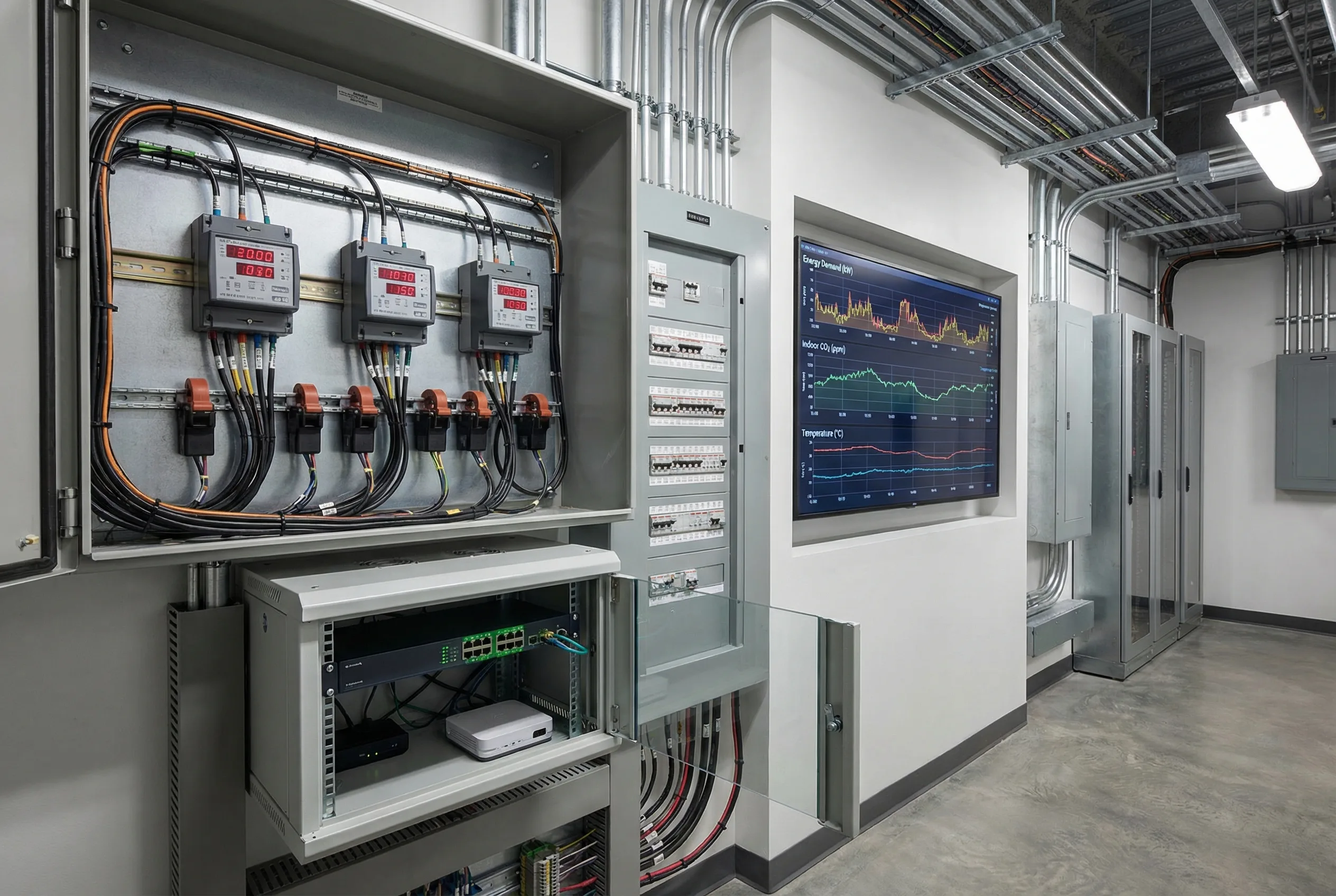 Electrical room with energy meters and correlated environmental dashboard