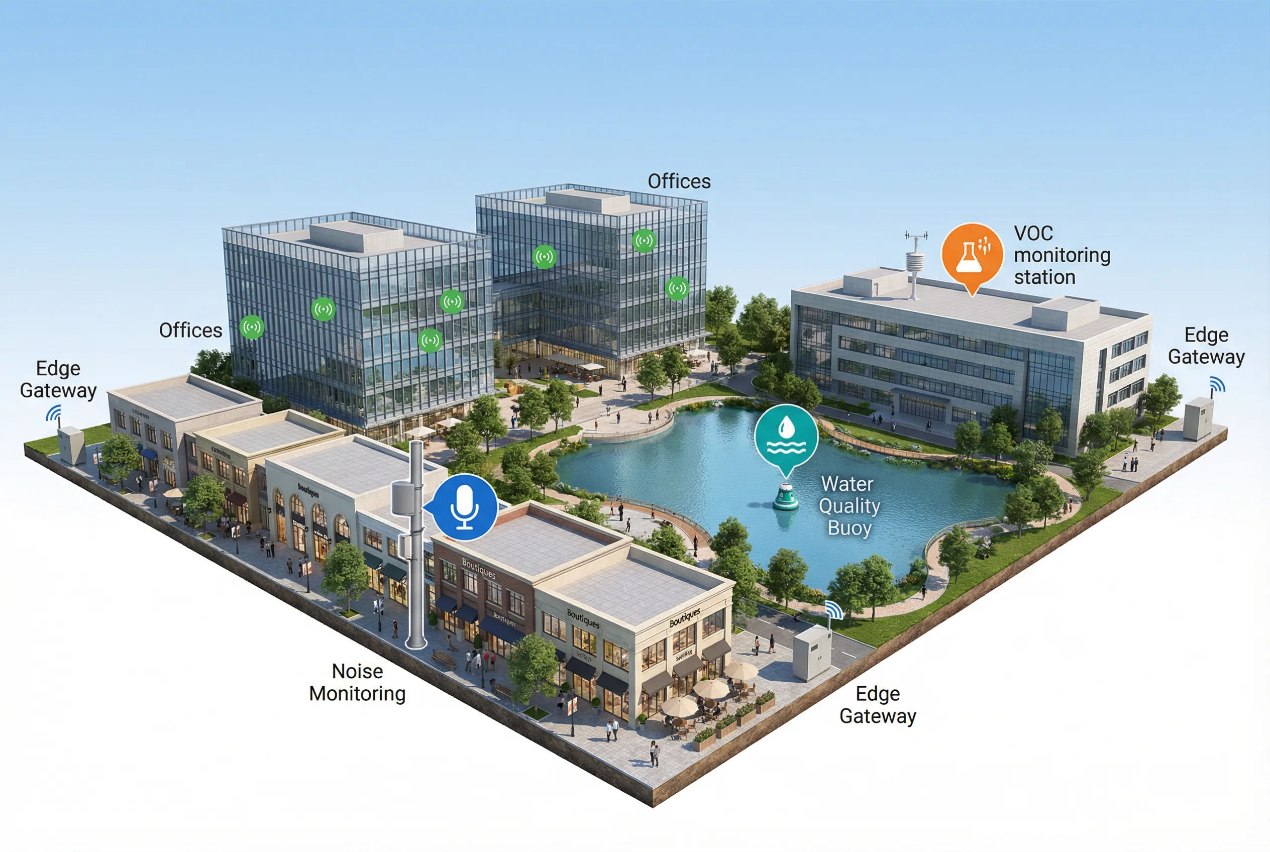 Mixed-use park with retail, office, lab zones and water quality monitoring