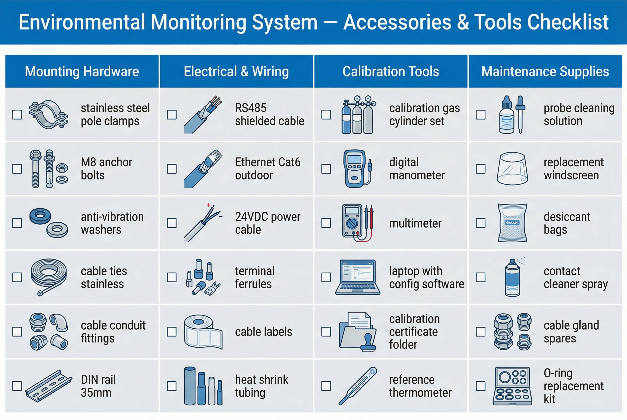 Complete accessories and tools checklist for environmental monitoring system